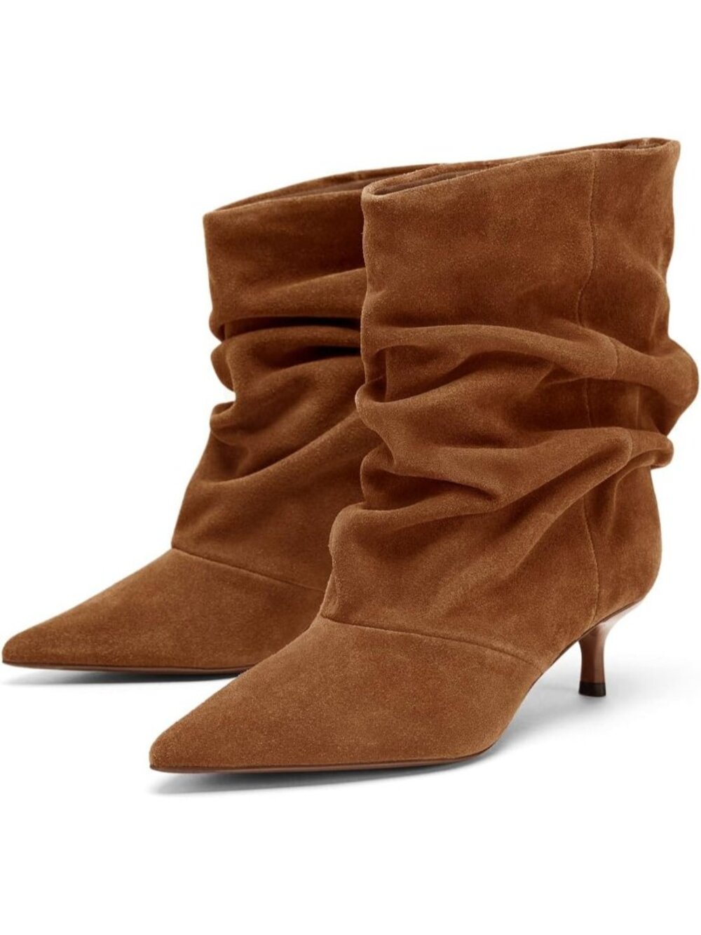 Women's Brown Slouchy Pointed Toe Pull On Kitten Heel Casual Short Ankle Boots